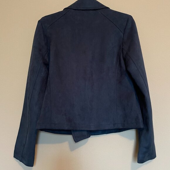 New York and Company, OVERSIZED Size XS (Fits Larger) Blue Faux-Suede Moto - Picture 3 of 13